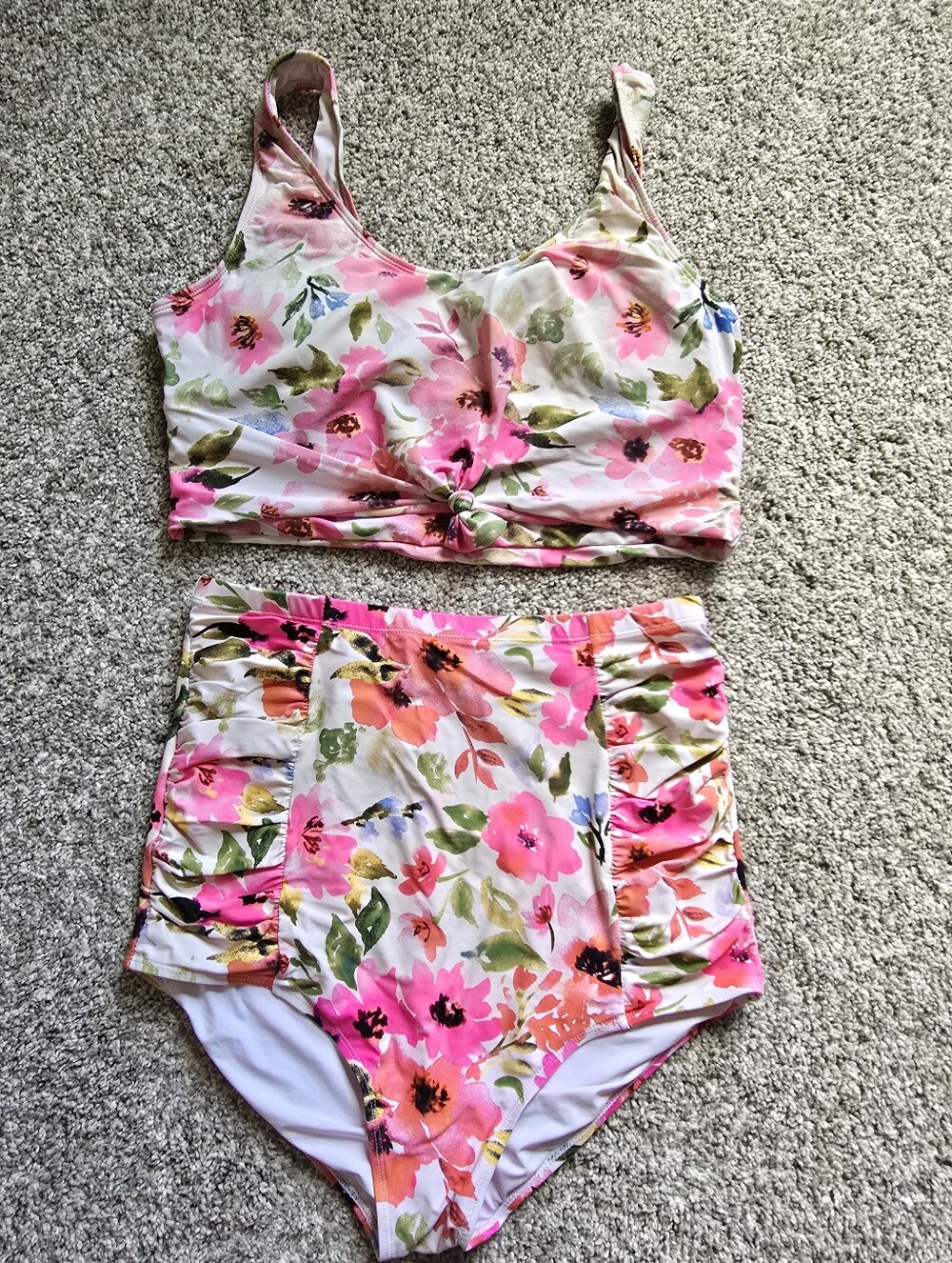 Twist-Front Floral High-Waist Bikini Set - Pink Floral